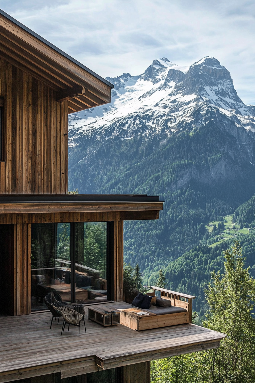 Contemporary Alpine living. Modern wooden cabin with a view of a snow-capped mountain.