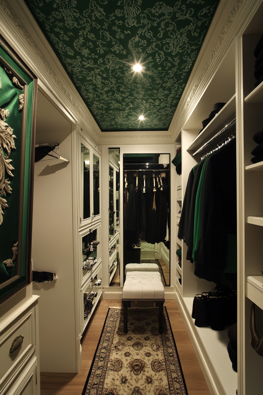 Walk-in closet. Emerald green accents, damask ceiling, touchscreen mirror.