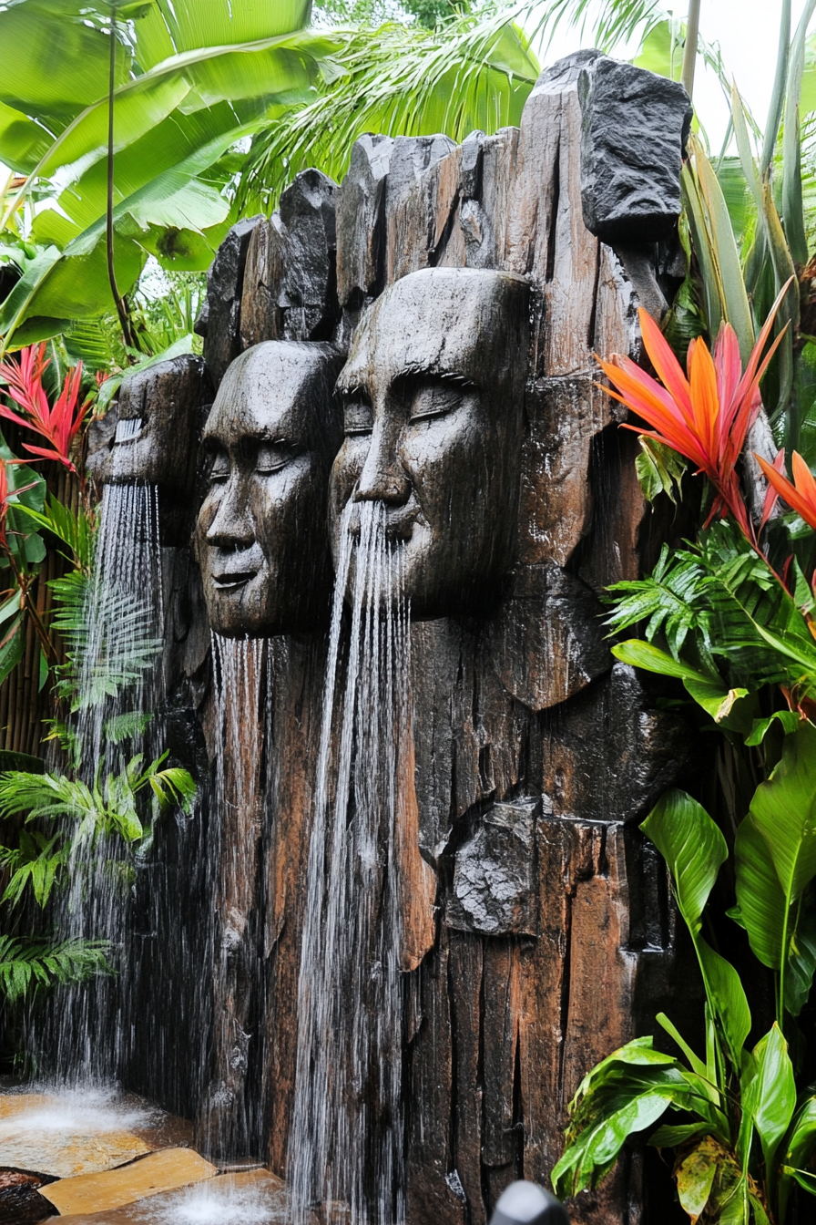 Outdoor shower. Natural rock formation with multiple cascading heads among tropical plants.