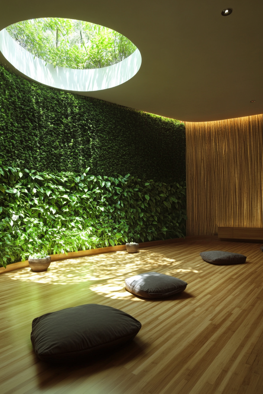 Yoga space. Bamboo floor, zen corner, circular skylight over green plant wall.