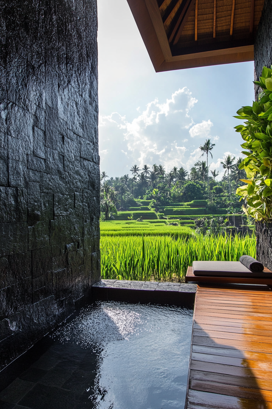 Outdoor shower. Black lava stone walls, teak platform, living orchid wall, overlooking rice paddies.