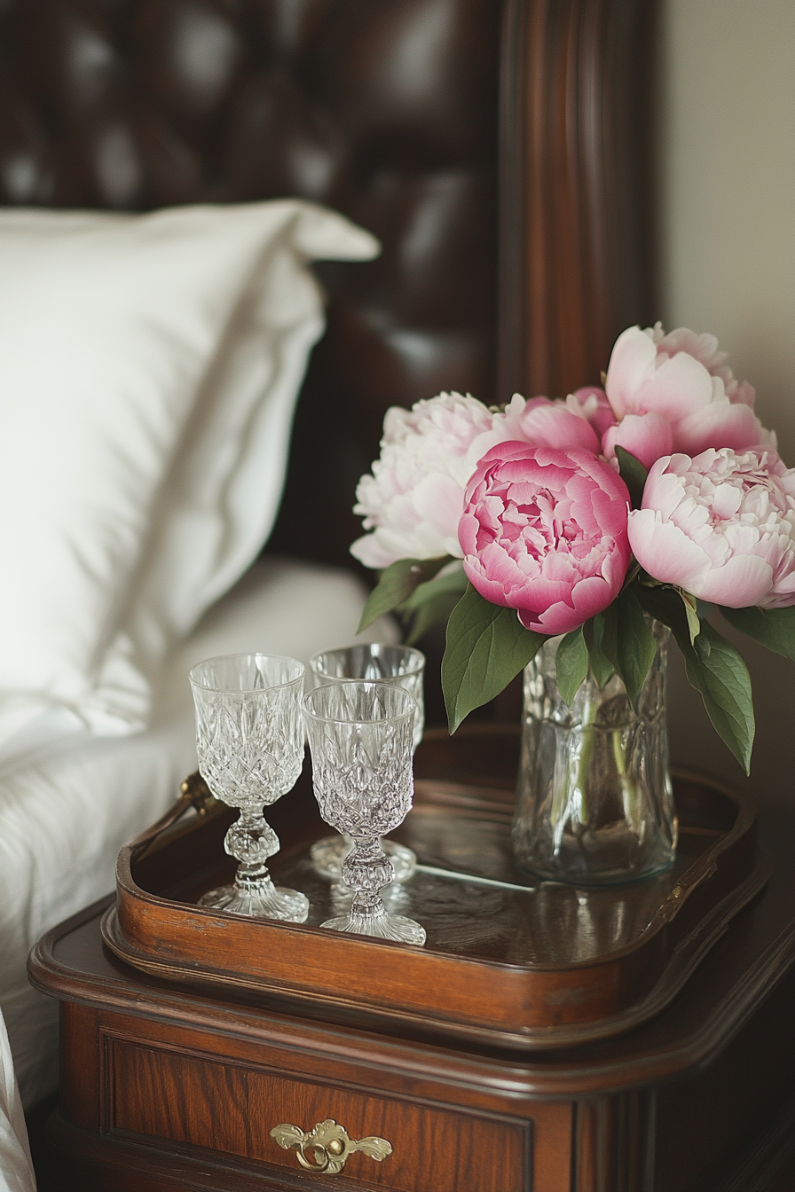 Bedside setup. Victorian vintage tray, crystal glassware, peony bouquet on mahogany table.