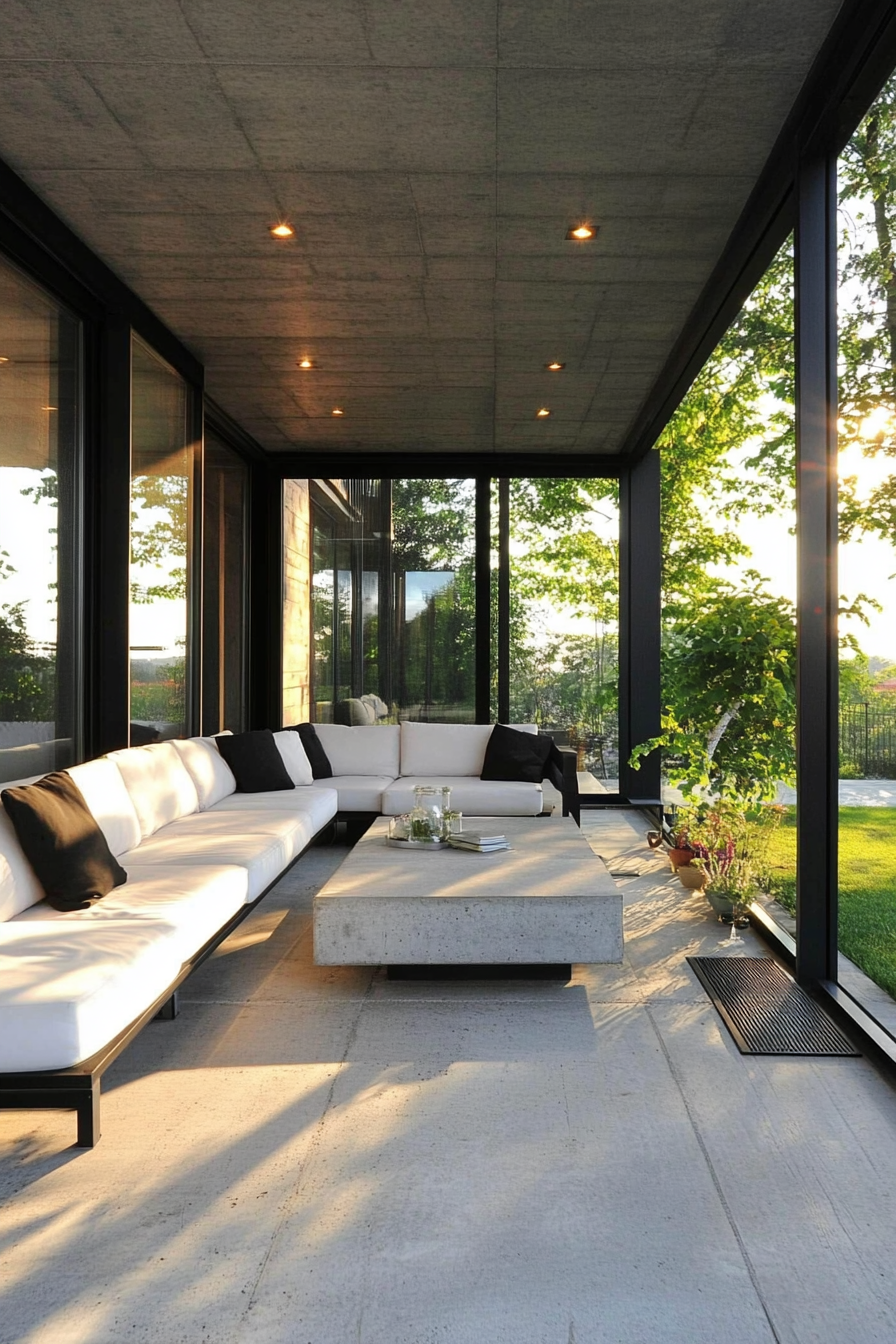 Modern enclosed porch. Black metal framed glass walls, minimalist white sofa, concrete coffee table.