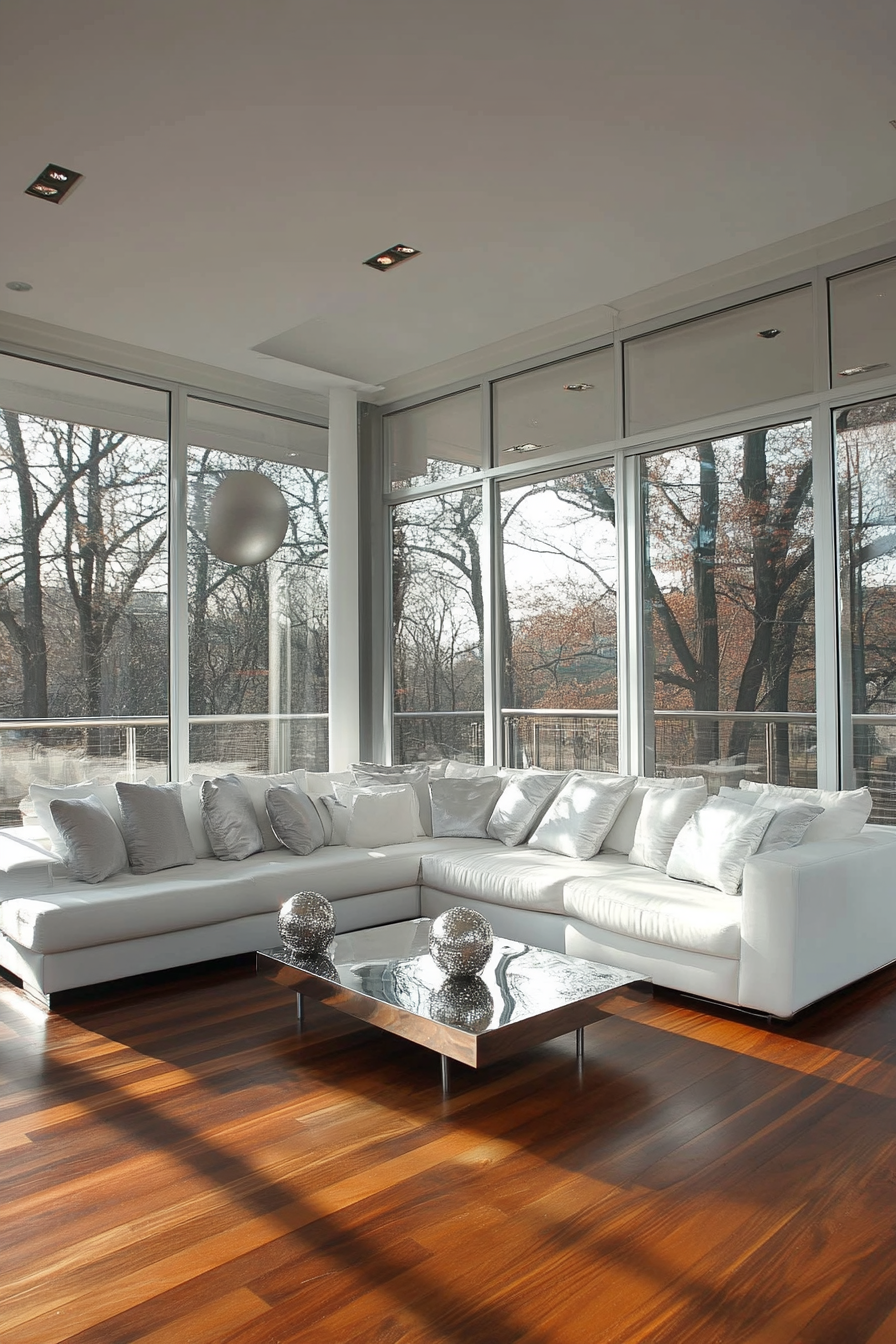 Modern enclosed porch. White sectional sofa, glass walls, wooden floors, silver coffee table.