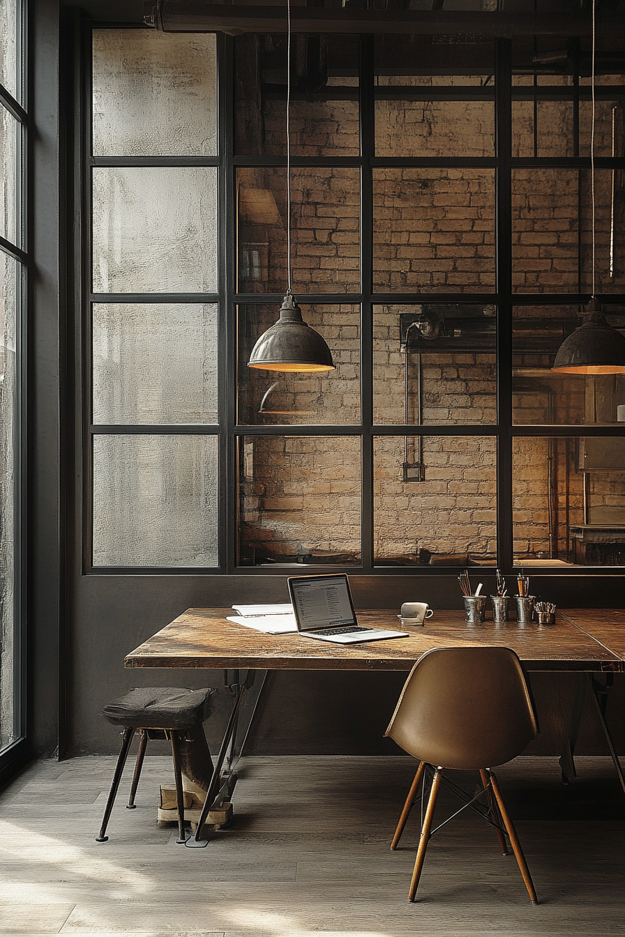 Multifunctional remote workspace. Convertible meeting nook under bronze framed industrial windows.