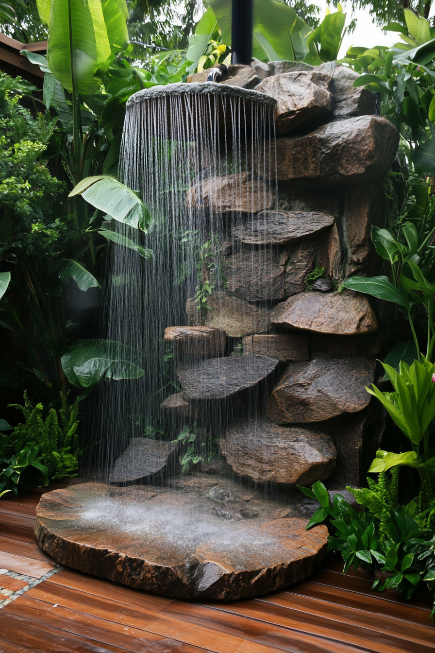 Outdoor shower. Natural rock formation with cascading heads amidst tropical garden.