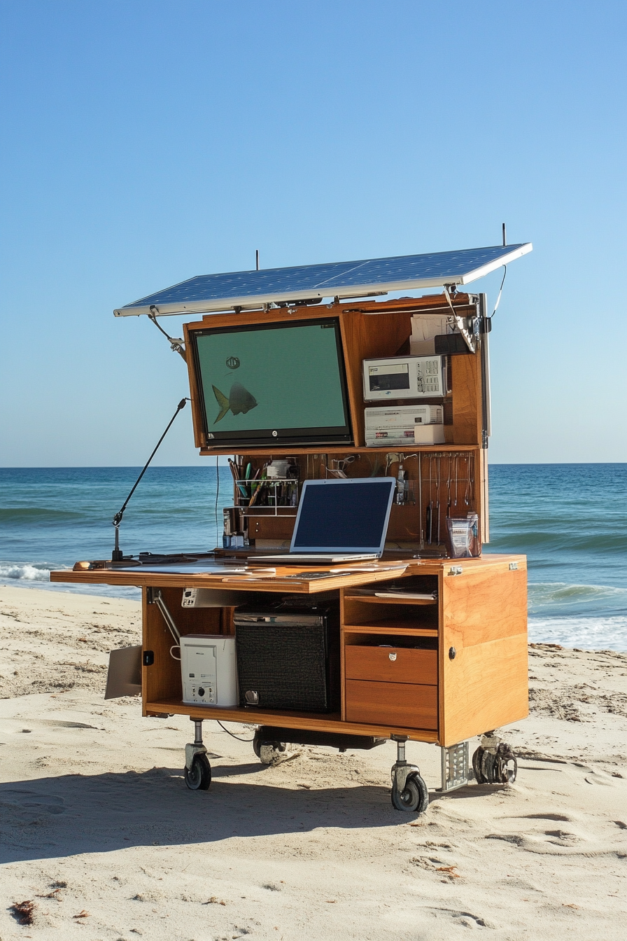 Flexible mobile office. Solar-powered, ocean-view desk with convertible standing workstation.