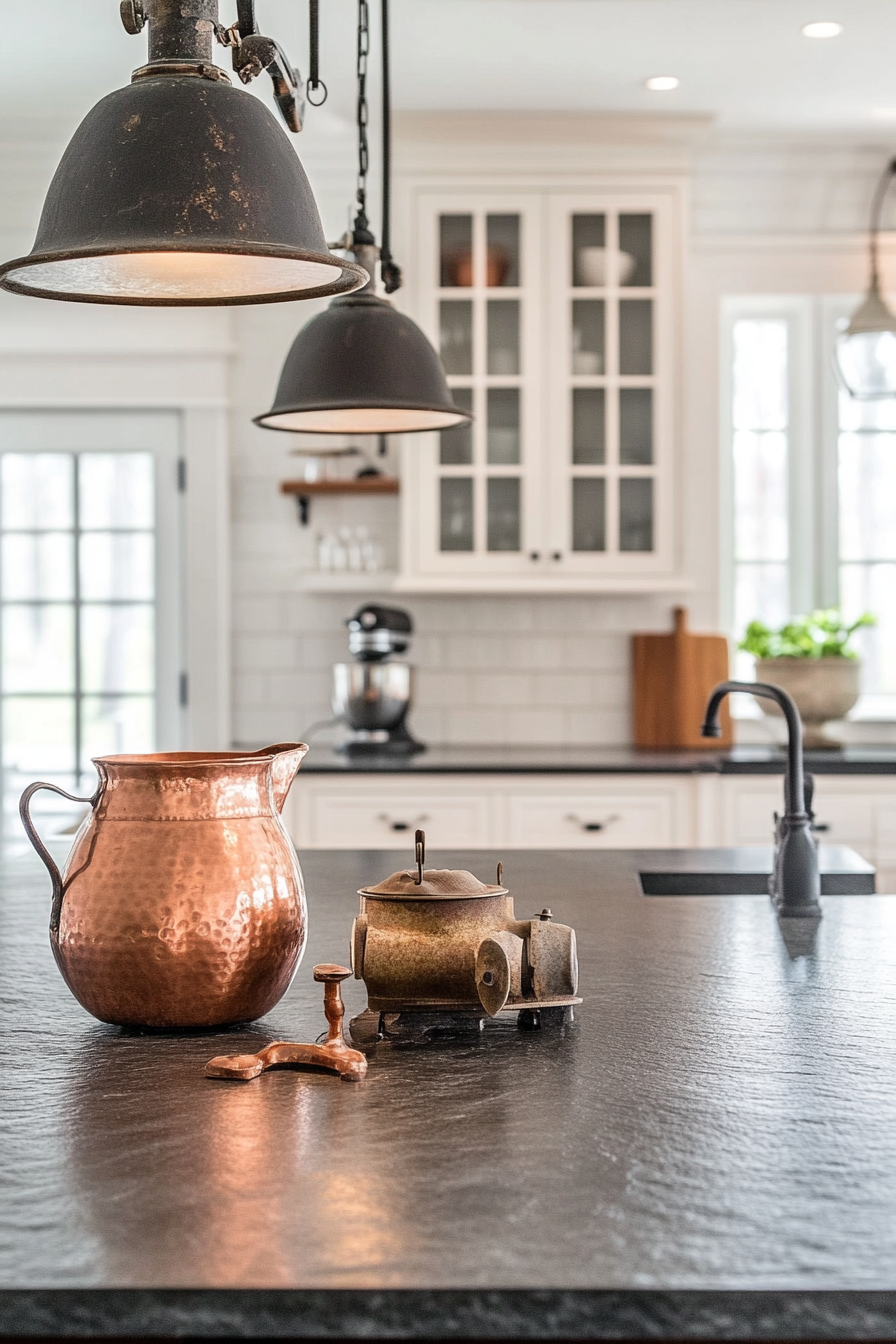 Welcoming kitchen. Soapstone countertops, collected copper vessels, vintage scale display, industrial pendants.