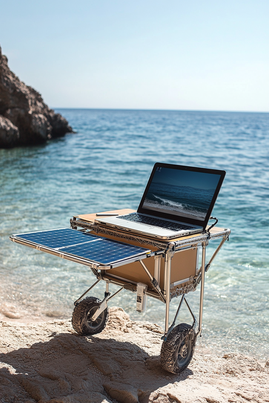 Mobile office. Convertible workstation table with solar-powered laptop nestled by an ocean backdrop.