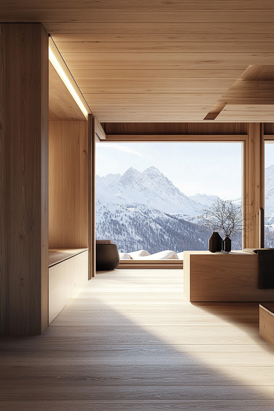 Contemporary Alpine living. Chalet with views of snow-capped peaks and modern wooden interior.