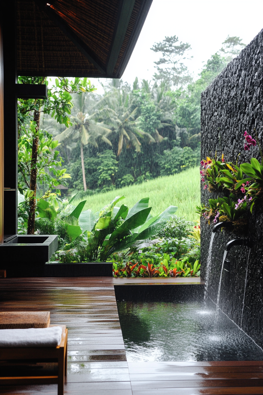 Outdoor shower. Black lava stone walls, teak platform, living orchid wall, rice paddy view.