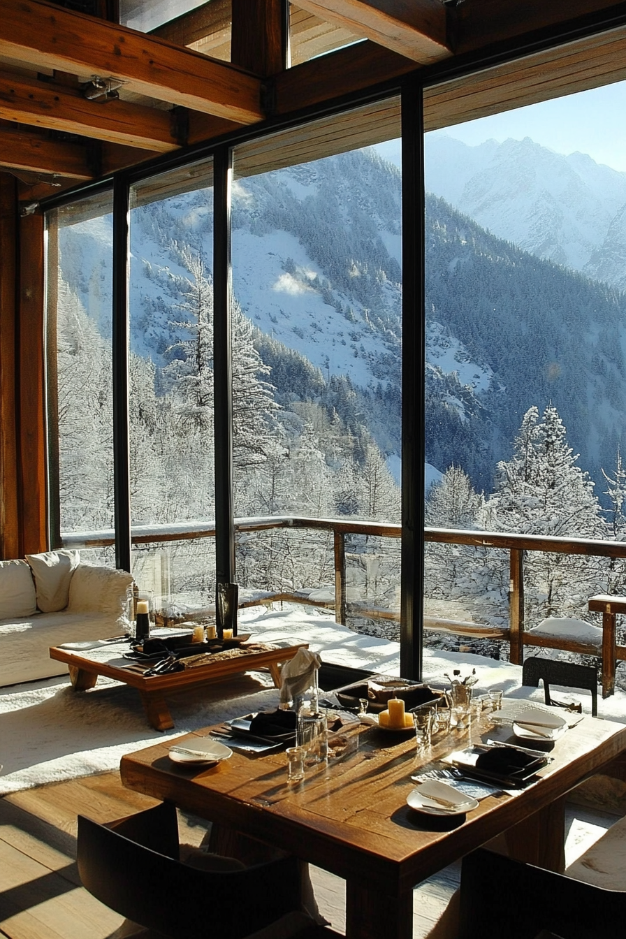 Contemporary Alpine Living. Floor-to-ceiling glass windows with wooden furnishings and snow-peaked background.