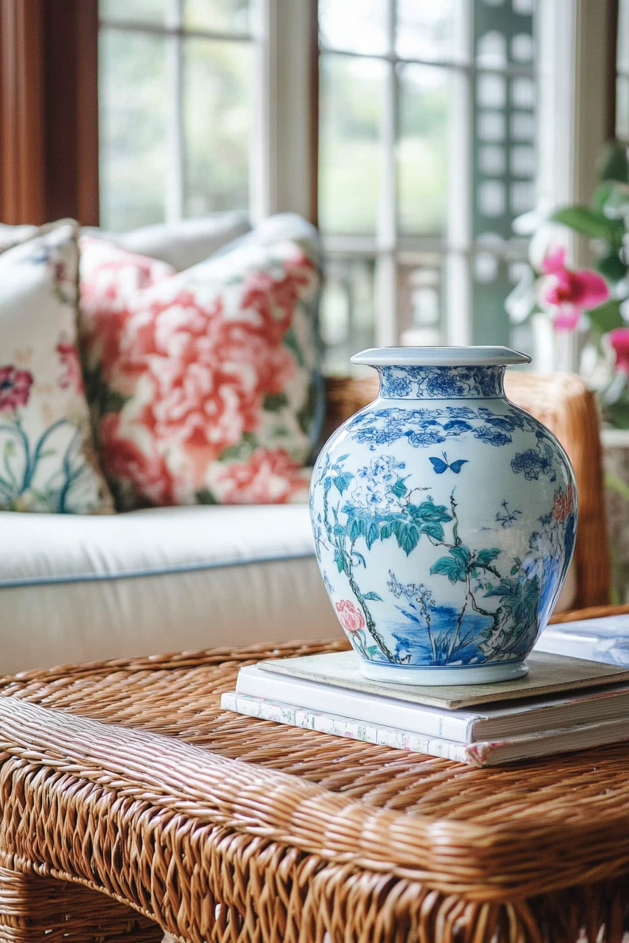 Coastal living space. Vintage blue chinoiserie vase on wicker table with floral upholstery.