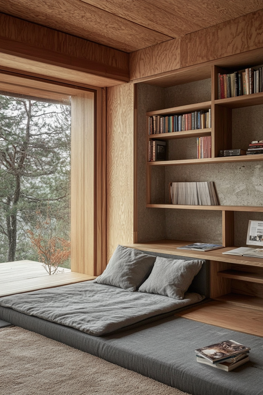 Minimal living space. Grey futon, wooden Zen study desk with built-in bookshelves.