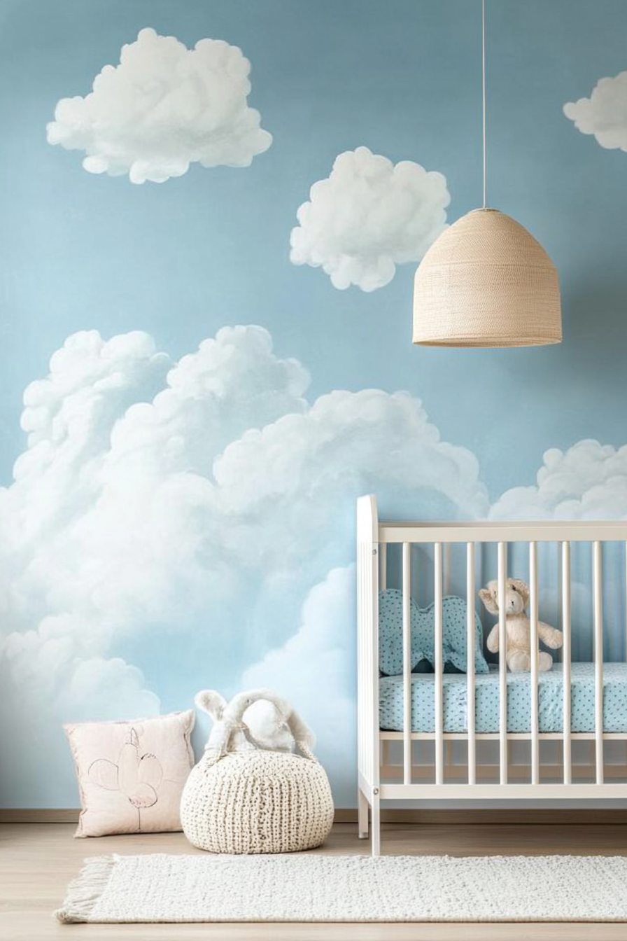 Pastel-colored mural. Light blue sky with fluffy clouds in a baby room.