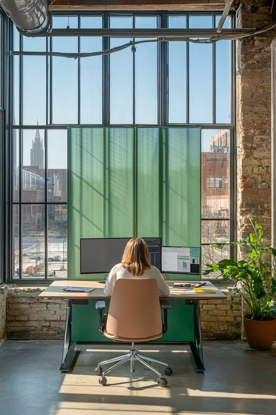 Remote workspace. Modular desk system beneath large industrial windows with green wall divider.