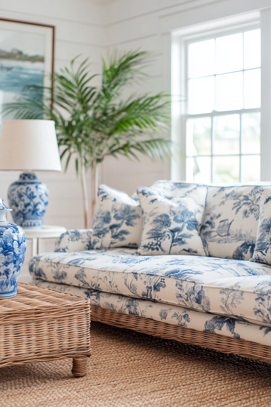 Coastal living space. Vintage floral couch, blue chinoiserie vases, and woven rattan rug.