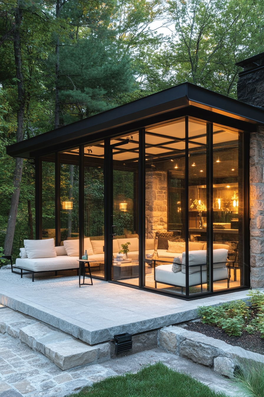 Modern enclosed porch. Charcoal-black metal frame glass walls with minimalist white seating arrangement.