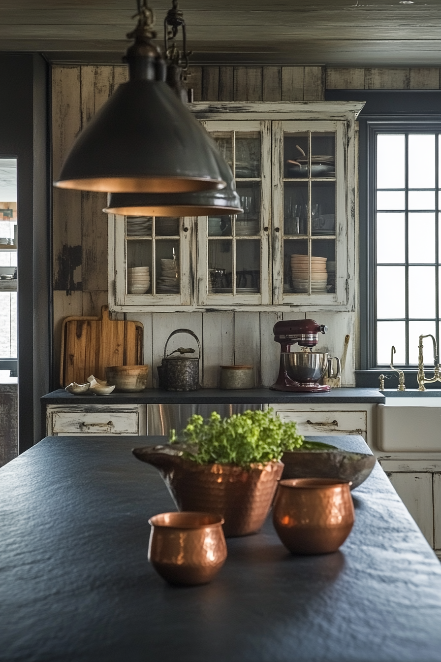 Welcoming kitchen. Soapstone countertops with copper vessels and vintage scale under industrial pendants.