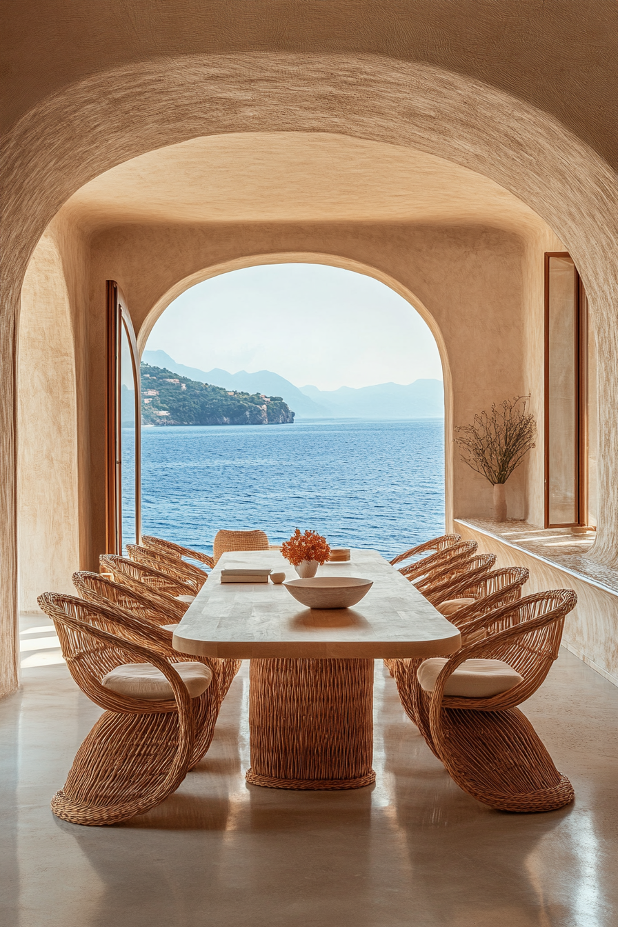 Dining room. Bleached brunette floors, delicate terracotta curved rattan chairs, floor-to-ceiling cerulean ocean views.