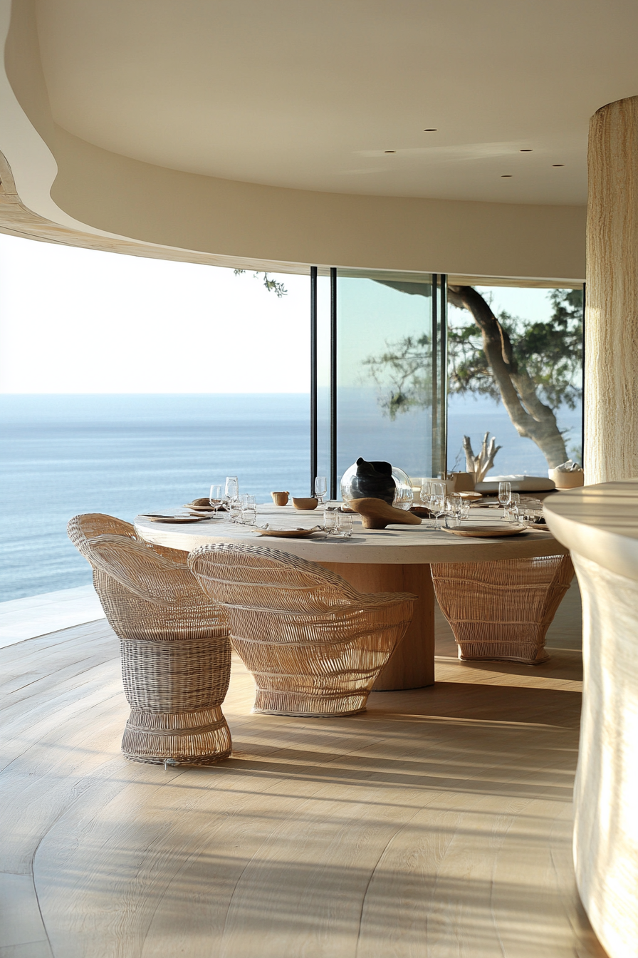 Dining room. Bleached brunette floors, curved rattan chairs, floor-to-ceiling ocean views.