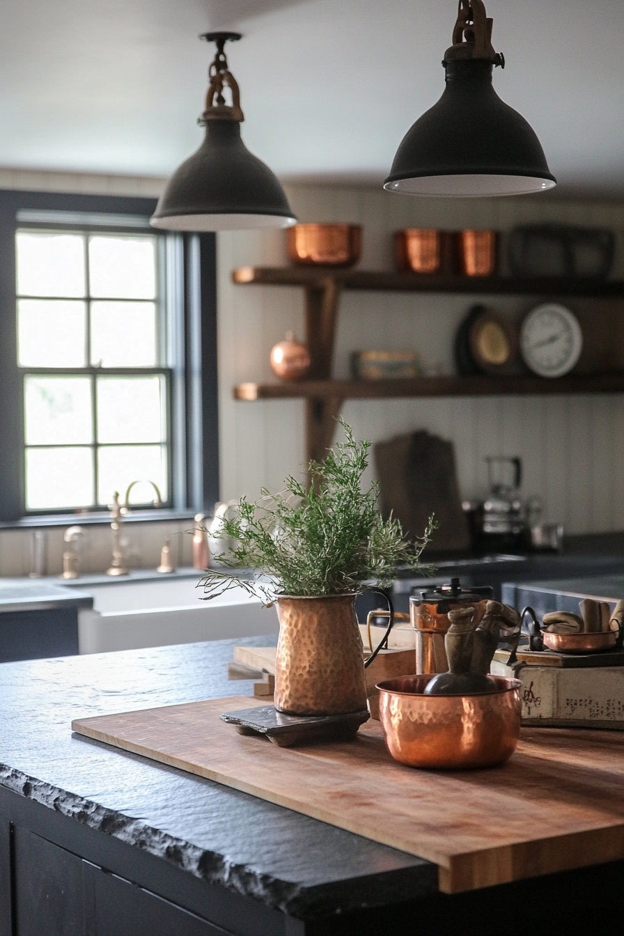 Welcoming kitchen. Soapstone countertops, industrial pendants, vintage scale display, collected copper vessels.