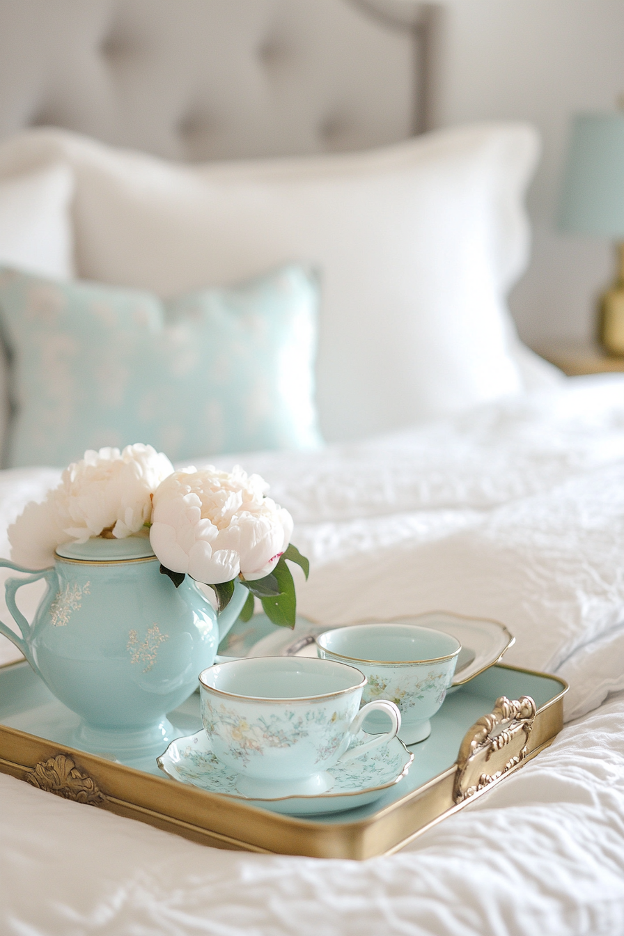 Bedside setup. Vintage brass tray, Tiffany blue Turkish servingware, muted-tone peony bouquet.