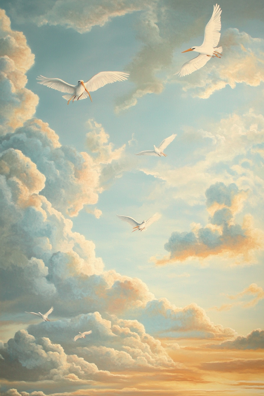 Baby room mural. Pastel blue clouds and white storks on sunset sky.