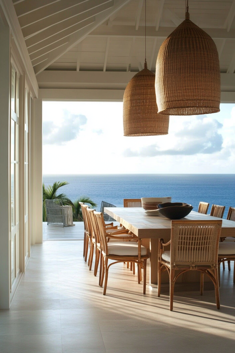 Dining room. Bleached brunette floors, rattan chairs, wide windows overlooking ocean.