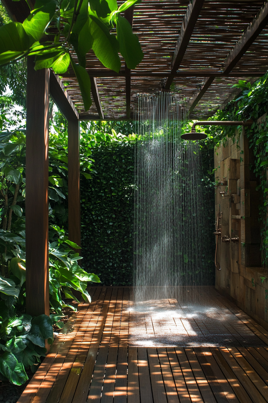 Outdoor bathroom. Teak flooring, bronze rainfall shower head, privet hedge privacy wall beneath wicker pergola.