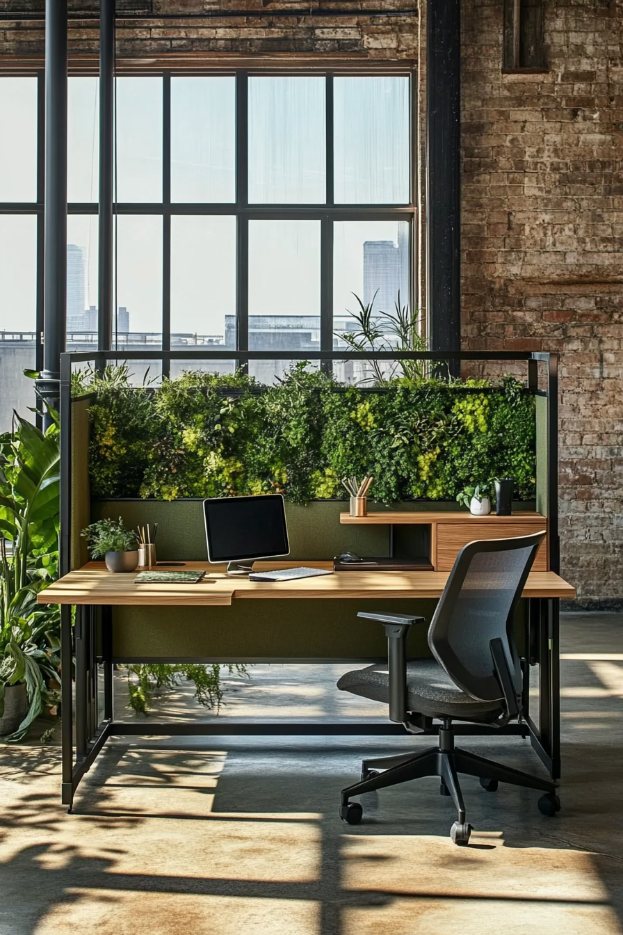 Multifunction remote workspace. Modular oak desk, lush green divider, convertible meeting nook under wide industrial windows.