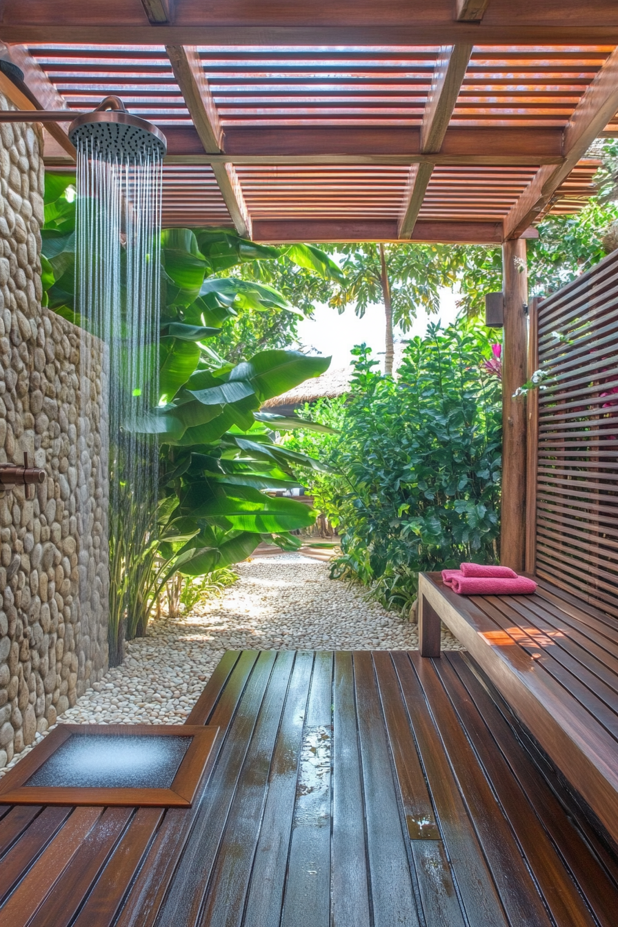 Outdoor bathroom. Teak flooring, bronze rainfall shower head, aloe privacy wall under wood pergola.