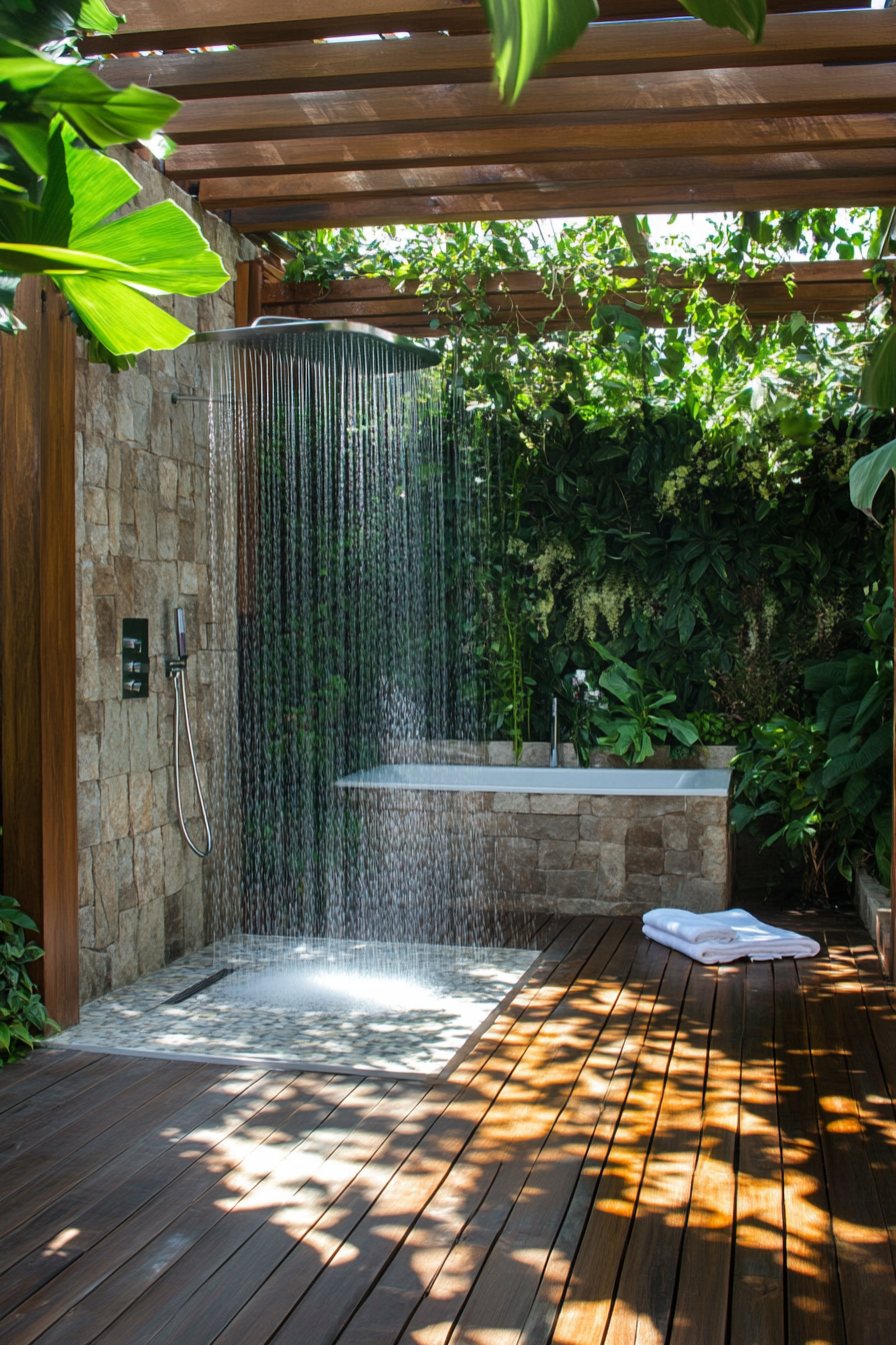 Outdoor bathroom. Teak flooring, rainfall shower head, living privacy wall under pergola cover.