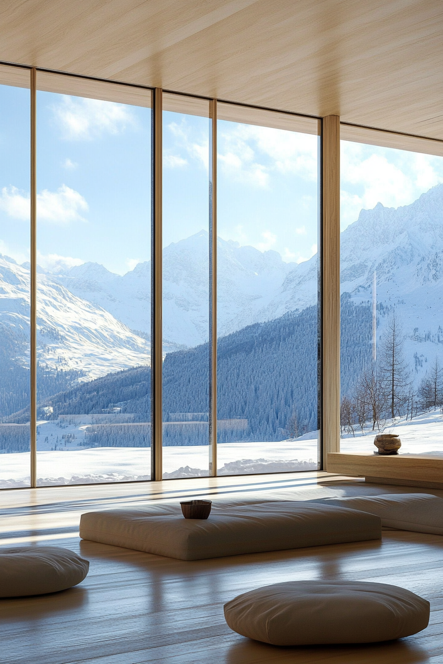 Contemporary Alpine Living. Floor-to-ceiling windows overlooking snow-capped mountains.