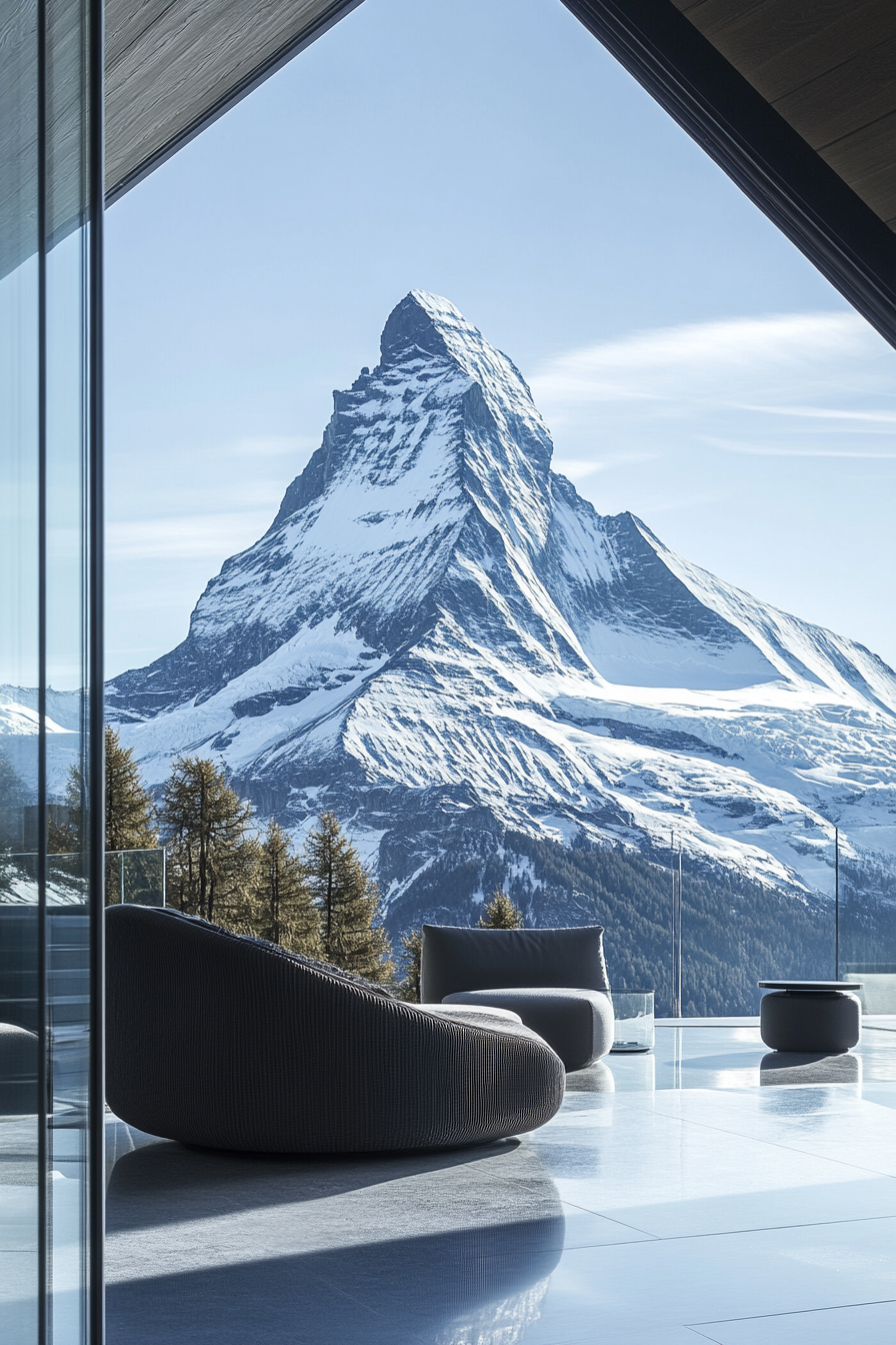 Contemporary Alpine Living. Frost-line glass wall framing a snowy mountain peak.