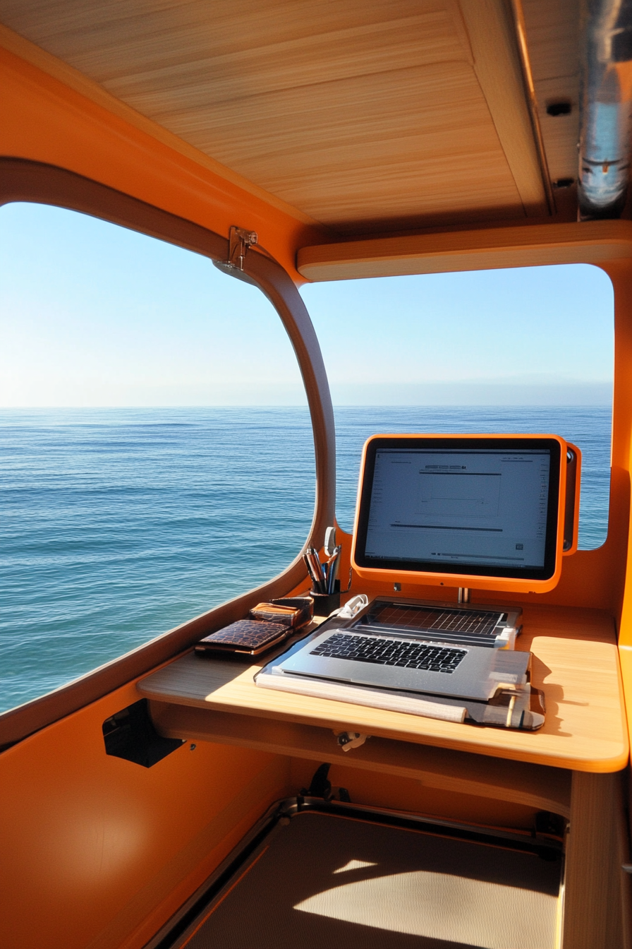 Mobile office. Ocean-view workstation with solar-powered technology and convertible desk.