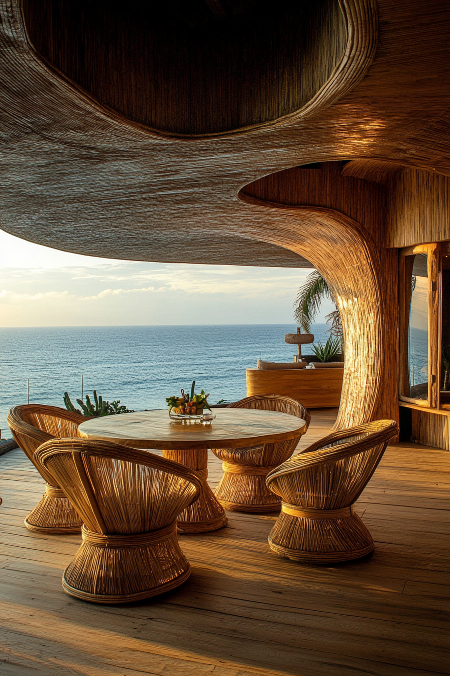 Dining room. Brunette bleached wooden floor, curved rattan chairs, expansive ocean view.