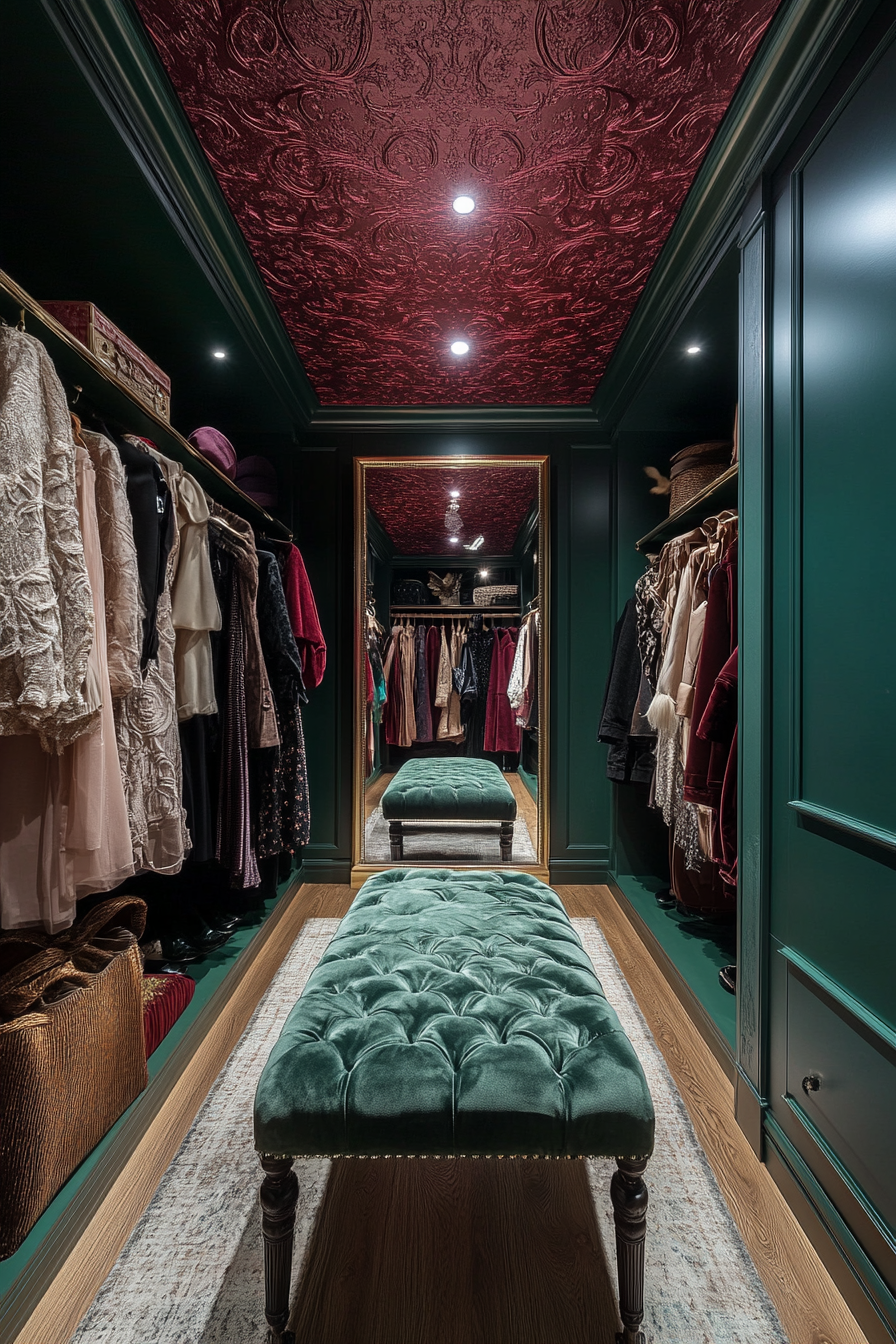 Walk-in closet. Emerald velvet bench, burgundy textured wallpaper ceiling, smart interactive mirror.