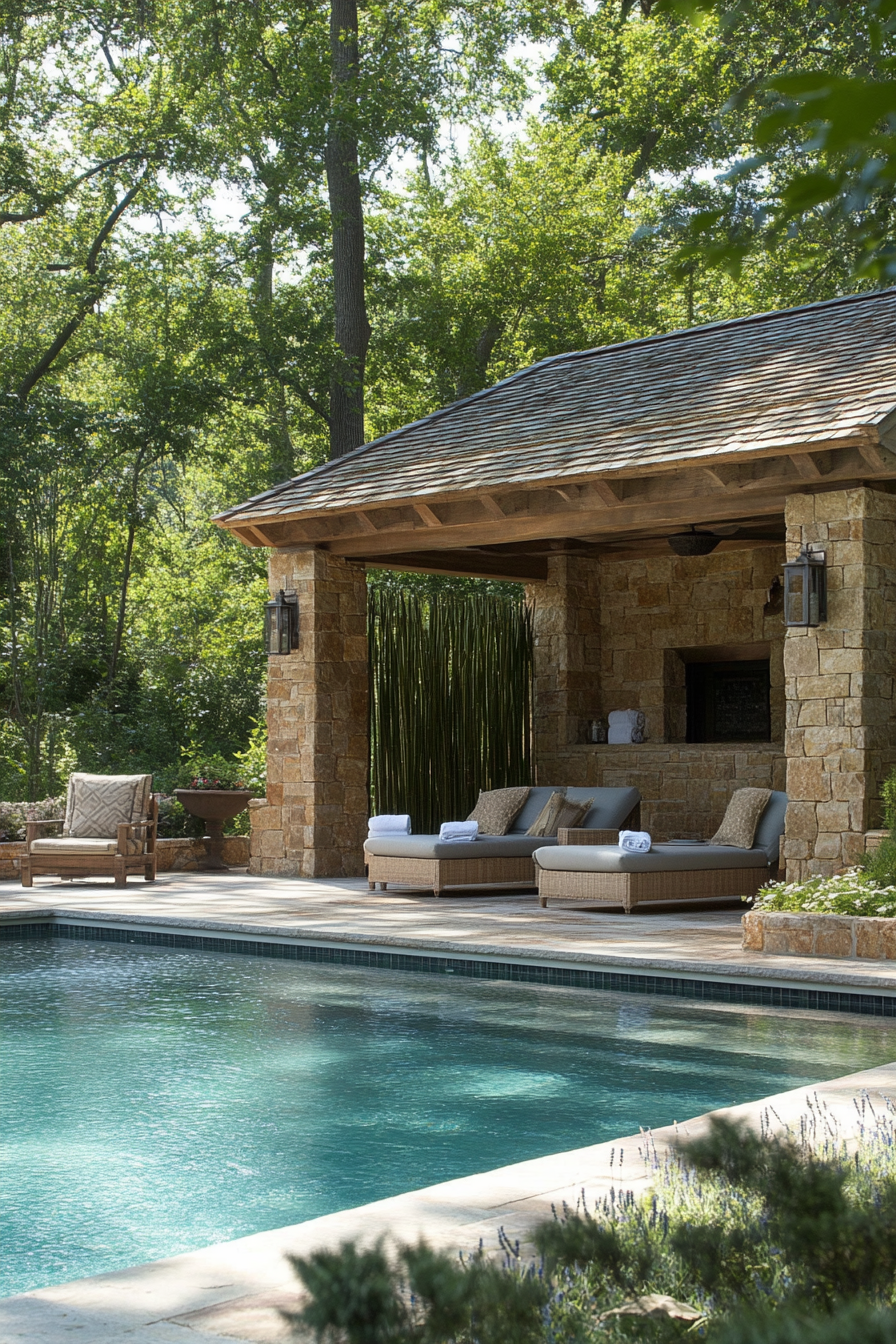 Pool house design. Stone walls, indoor cedarwood shower, a bamboo cabana, and poolside lounge chairs.