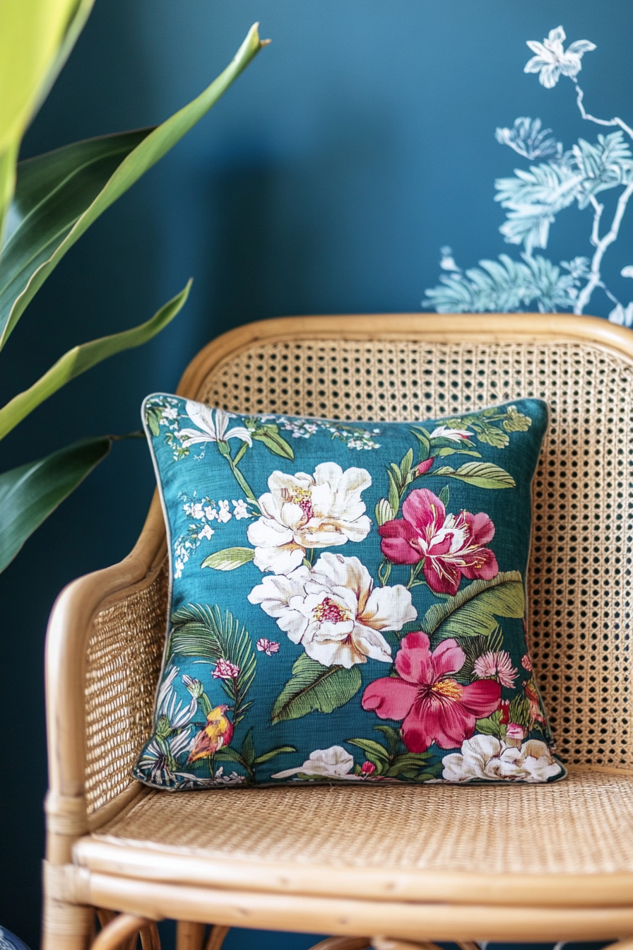 Coastal living space. Vintage floral cushion on a woven cane chair against a blue chinoiserie wall.