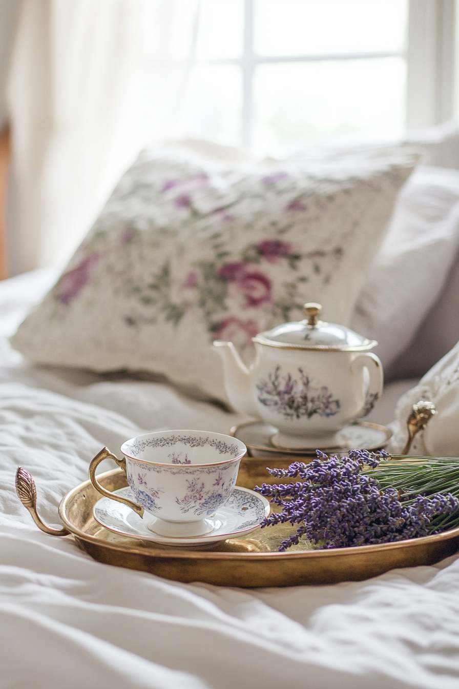 Bedside setup. Brass vintage trays, matching teacup set, lavender bouquet.