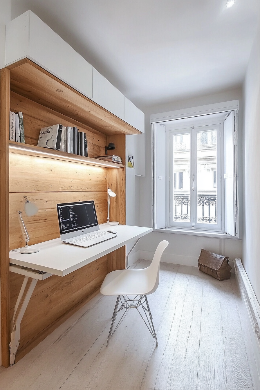 Minimal living space. Wall-bed with white desk as study corner.