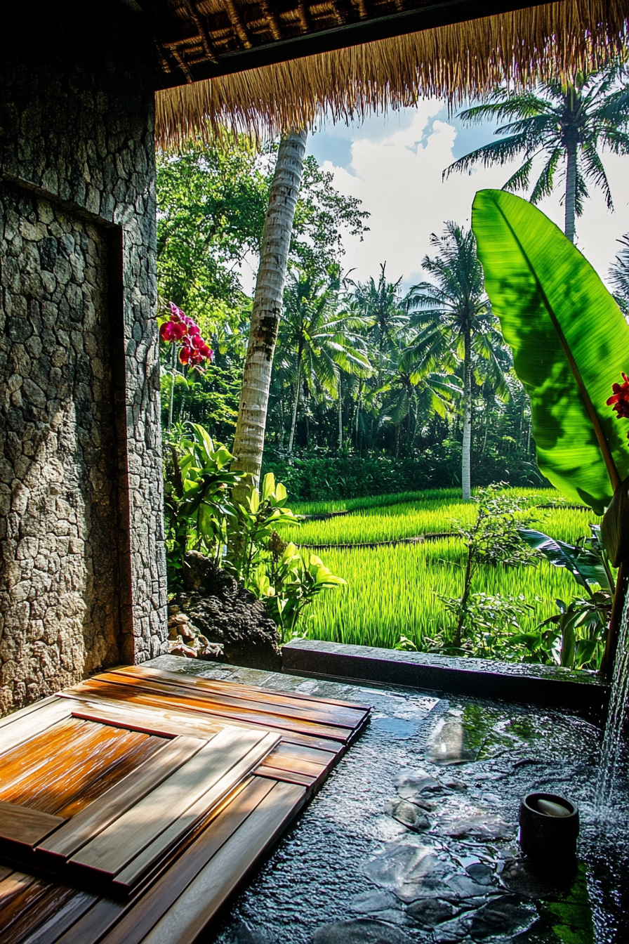 Outdoor shower. Lava stone walls, teak platform, living orchid wall, rice paddy view.