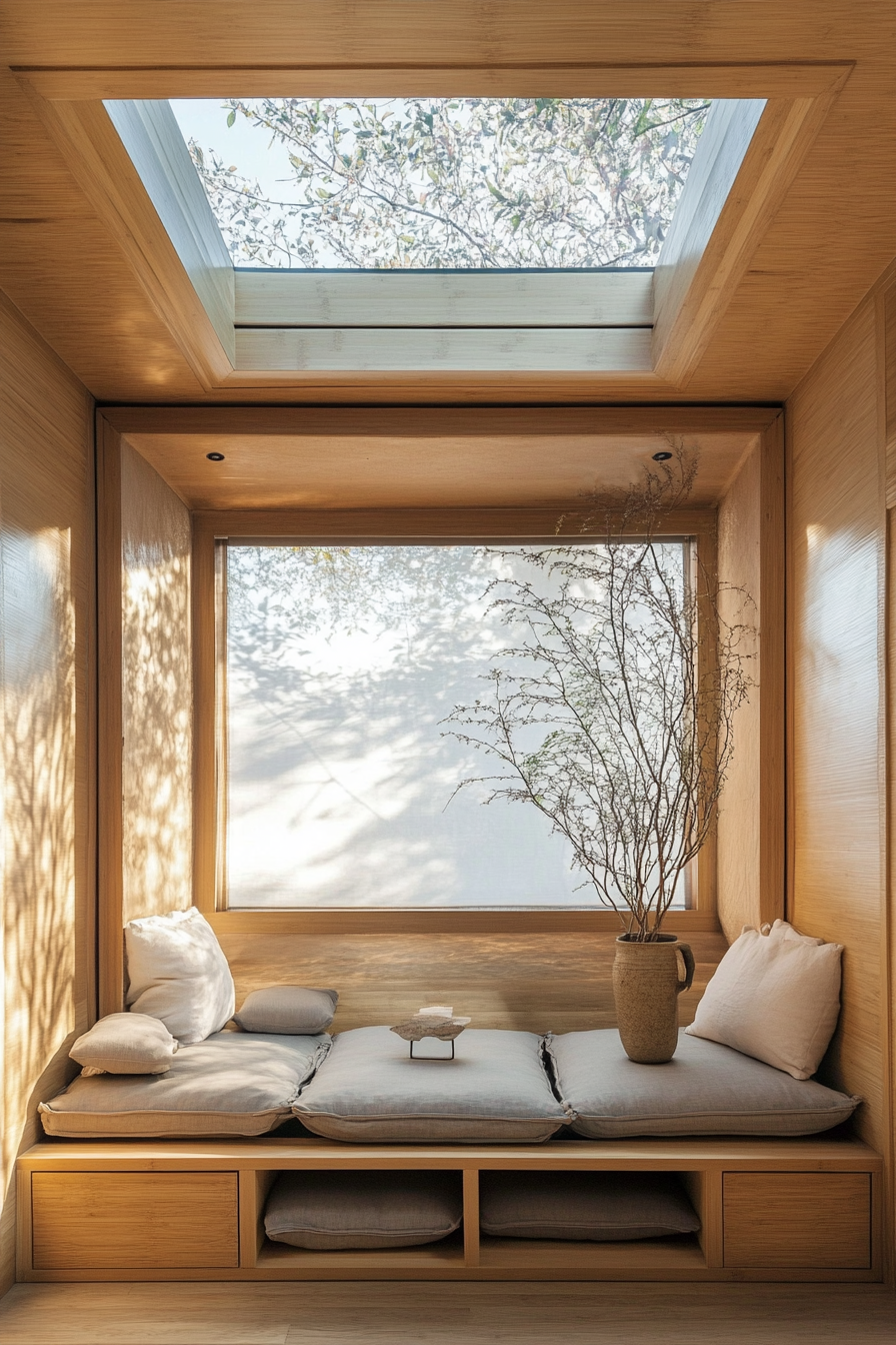 Compact meditation space. Skylight over bamboo bench with deep storage pockets for floor cushions.