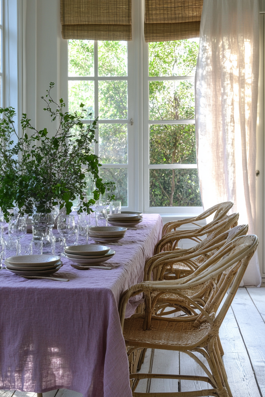 Airy dining room. Pale lavender tablecloth on bleached floors, flanked by curved rattan chairs.