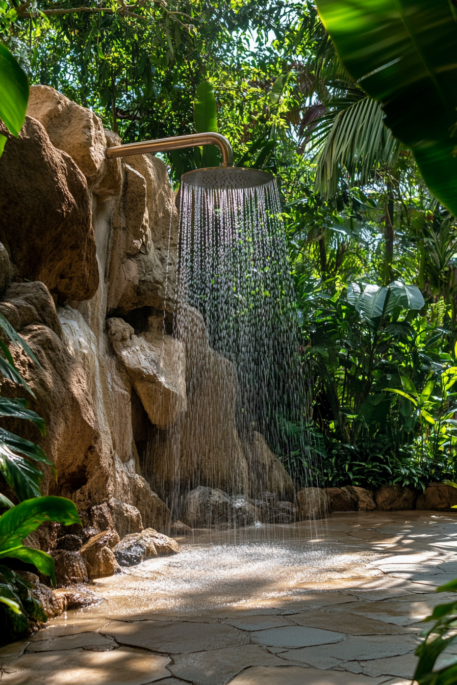 Outdoor shower. Natural rock formation with cascading showerheads amid flourishing tropical vegetation.