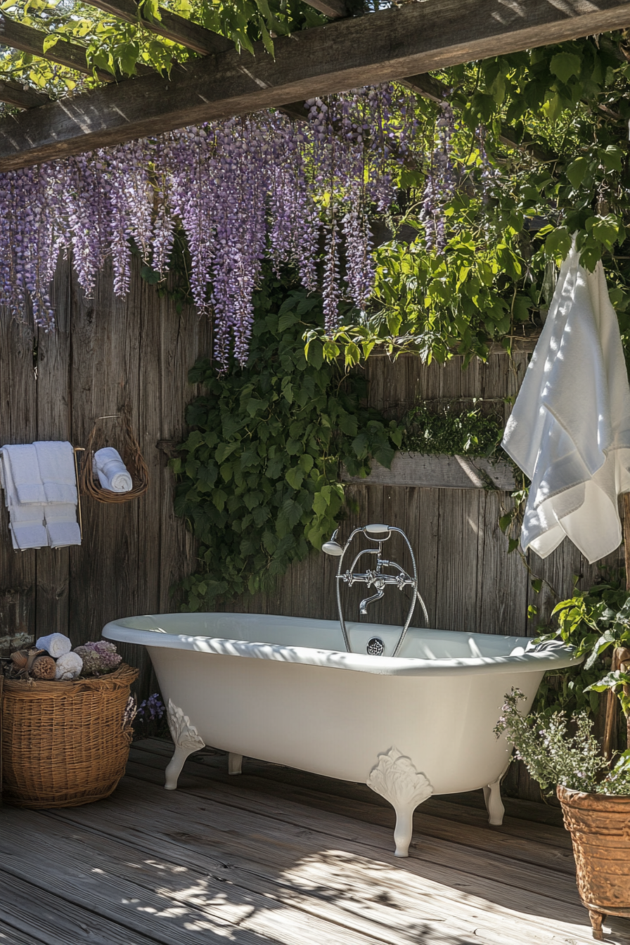 Outdoor bathroom. Italian marble bathtub under wisteria-clad pergola on teak flooring.