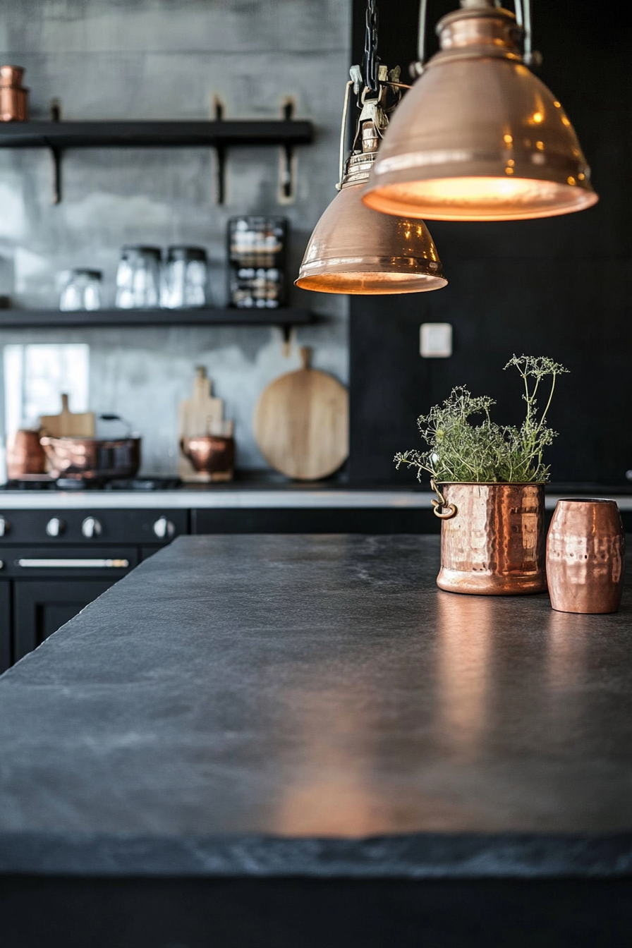 Kitchen. Soapstone countertops, copper vessels, vintage scales, industrial pendant lights.