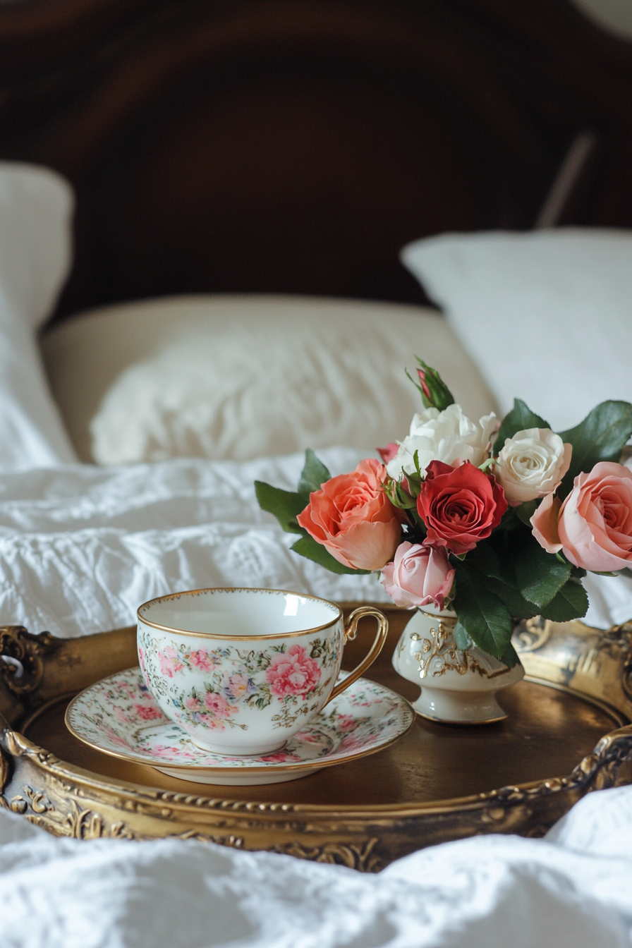 Bedside setup. Vintage gold tray, porcelain teacup set, fresh roses arrangement.