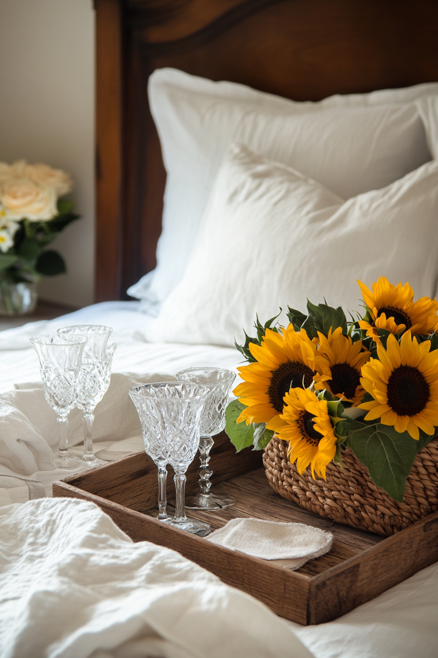 Bedside setup. Antique wooden trays, crystal stemware, woven wicker coasters, linen napkins, freshly-cut sunflowers.